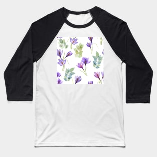 Crocus flowers bouquets, transparent leaves. Translucent Saffron Crocus watercolor flowers. Spring floral arrangement. Crocus Sativus plant Baseball T-Shirt